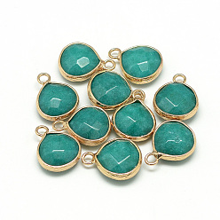 Teal Natural White Jade Pendants, with Nickel Free Brass Findings, Faceted, Dyed, teardrop, Golden, Teal, 17.5x13.5x6.5mm, Hole: 2mm