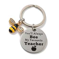 Stainless Steel Color Teacher's Day Gift 201 Stainless Steel Flat Round with Word Keychains, with Bee Alloy Enamel Charm and Iron Key Rings, Stainless Steel Color, 6cm