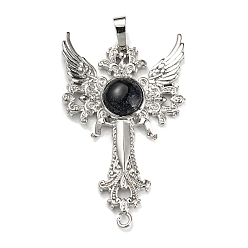 Blue Goldstone Synthetic Blue Goldstone Big Pendants, Cross with Wing Charms, with Platinum Plated Brass Findings, 52.5x32x7~7.5mm, Hole: 4x8mm & 2mm
