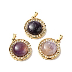 Amethyst Natural Amethyst Pendants, with Golden Tone 304 Stainless Steel and Crystal Rhinestone Findings, Half Round Charm, 24.5x21x8mm, Hole: 3.5x6mm