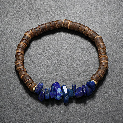 Lapis Lazuli Natural Lapis Lazuli Chips & Coconut Disc Beaded Stretch Bracelets, Inner Diameter: 2-1/8 inch(5.5cm)
