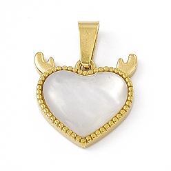 Golden Natural Shell Heart Charms with Antler, with Vacuum Plating 304 Stainless Steel Findings, Golden, 14x14x3.5mm, Hole: 6x3mm