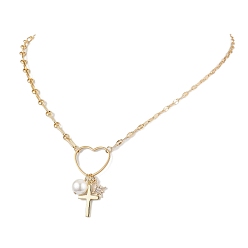 Golden Brass with Stainless Steel Pendants Necklaces, Heart with Cross, Golden, 19.61 inch(49.8cm)