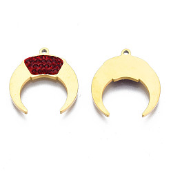 Red 316 Surgical Stainless Steel Pendants, with Micro Pave Cubic Zirconia, Real 14K Gold Plated, Double Horn/Crescent Moon, Red, 17.5x16x2mm, Hole: 1mm