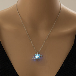 Light Sky Blue Glow in the Dark Luminous Alloy Cage Pendant Necklaces, Tortoise, Light Sky Blue, 17.72 inch(45cm)