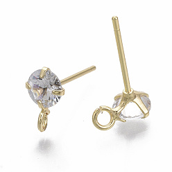 Real 18K Gold Plated Brass Micro Clear Cubic Zirconia Stud Earring Findings, with Loop, Nickel Free, Real 18K Gold Plated, 8.5x5.5mm, Hole: 1.5mm, Pin: 0.7mm