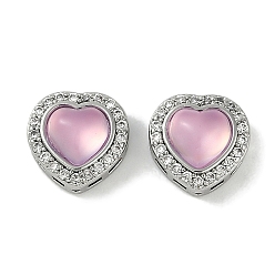 Бледно-Розовый Смоляные пришивные стразы, с латунными микро проложить кубических выводы циркония, сердце, платина, розовый жемчуг, 9.5x9.5x6.5 мм, отверстие : 0.6 мм