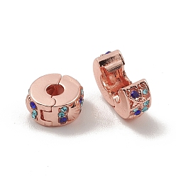 Rose Gold Alloy European Clasps, with Colorful Rhinestone, Flat Round, Rose Gold, 11x5.5mm, Hole: 3.2mm