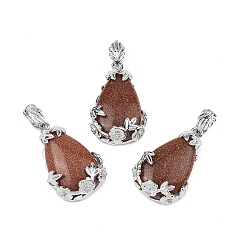 Камень с Пылевым Золотом Синтетические голдстоуновские подвески, с латунной фурнитурой , капля, платина, 31x19x8 мм, отверстие : 4.5x8 мм