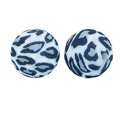 Light Steel Blue Round with Leopard Print Pattern Food Grade Silicone Beads, Silicone Teething Beads, Light Steel Blue, 15mm