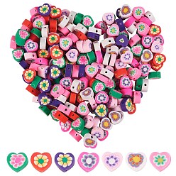 Mixed Color 315Pcs 7 Colors Handmade Polymer Clay Beads, Heart with Flower Pattern, Mixed Color, 9x9~10x4~5mm, Hole: 1.5mm, 45pcs/color