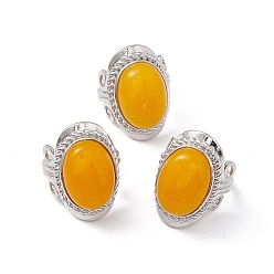 Yellow Jade Natural Yellow Jade Oval Adjustable Ring, Platinum Brass Wide Ring for Women, Cadmium Free & Nickel Free & Lead Free, US Size 7 3/4(17.9mm)