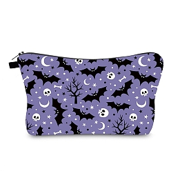 Medium Purple Halloween Bat Skull Tree Pattern Polyester Waterpoof Makeup Storage Bag, Multi-functional Travel Toilet Bag, Clutch Bag with Zipper for Women, Medium Purple, 22x13.5x5cm