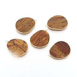 Tiger Eye Natural Tiger Eye Pendants, with Brass Findings, Golden, 33.5~34x27x2mm, Hole: 1.5mm
