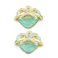 Spring Green Alloy & Resin Pendants, Heart & Bowknot Charm, Long-Lasting Plated, Rack Plating, Golden, Spring Green, 11.5x14x7.5mm, Hole: 1.3mm