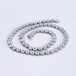 Platinum Plated Electroplate Non-magnetic Synthetic Hematite Beads Strands, Frosted, Flat Round with Flower, Platinum Plated, 6x2mm, Hole: 1mm, about 66pcs/strand, 15.9 inch(40.5cm)