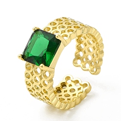 Green Glass Square Open Cuff Ring, Real 18K Gold Plated Brass Hollow Ring for Women, Cadmium Free & Nickel Free & Lead Free, Green, US Size 6 1/2(16.9mm)