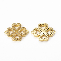 Golden Brass Micro Pave Clear Cubic Zirconia Connector Charms, Clover Links, Golden, 18x22x2.5mm, Hole: 1.8mm