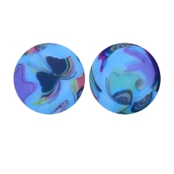 Colorful Round with Butterfly Print Pattern Food Grade Silicone Beads, Silicone Teething Beads, Colorful, 15mm