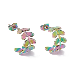 Rainbow Color Ионное покрытие (ip) 304 серьги-гвоздики из оливкового листа из нержавеющей стали, полукруглые серьги для женщин, Радуга цветов, 16.5x10 мм, штифты : 0.7 мм