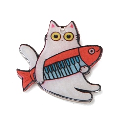 Colorful Printed Acrylic Pendants, Cat Shape with Fish Charms, Colorful, 32.5x33x2.5mm, Hole: 2mm