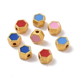 Mixed Color Alloy Beads, with Enamel, Hexagon, Matte Gold Color, Mixed Color, 6x7x4mm, Hole: 1.6mm
