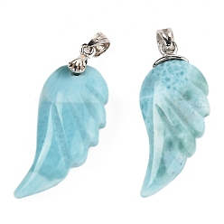 Larimar Natural Larimar Pendants, with Platinum Tone 925 Sterling Silver Findings, Wing, 32x13x7.5mm, Hole: 4.5x3mm