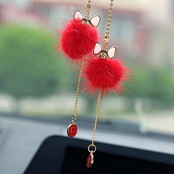 Red Mink Hair Pendant Decorations, with Alloy Finding, Cat Shape, Red, 600mm