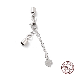 Platinum Rhodium Plated 925 Sterling Silver Curb Chain Extender, End Chains with Lobster Claw Clasps and Cord Ends, Heart Chain Tabs, with S925 Stamp, Platinum, 28mm