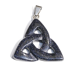 Blue Goldstone Saint Patrick's Day Synthetic Blue Goldstone Pendants, Triquetra Knot Charms with Platinum Plated Metal Snap on Bails, 34x6mm