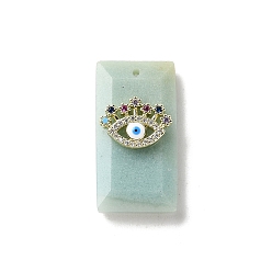 Flower Amazonite Граненые подвески из натурального цветка амазонита, прямоугольные подвески с латунным микропаве из разноцветных кубических цирконий и эмалевым глазом, золотые, 25.5x13.5x6 мм, отверстие : 1 мм