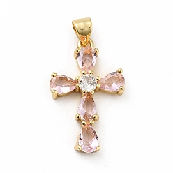 Pink Rack Plating Brass Micro Pave Cubic Zirconia Pendants, Long-Lasting Plated, Lead Free & Cadmium Free, Cross, Real 18K Gold Plated, Religion, Pink, 24.5x15.5x4mm, Hole: 3.5x4mm