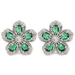 Зеленый Серьги-гвоздики с кубическим цирконием, стеллаж для латунных украшений для женщин, платина, зелёные, 19x19.5 мм