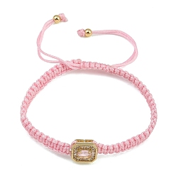 Perlas de Color Rosa Pulseras rectangulares trenzadas de cuentas con circonitas cúbicas y pavé de latón, pulseras de cuerda de nylon ajustable, larga duración plateado, chapado en rack, dorado, rosa perla, diámetro interior: 2.05~3.15 pulgada (5.2~8 cm)