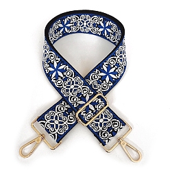 Blue Polyester Jacquard Flower Bag Straps, with Golden Plated Alloy Swivel Clasps, Blue, 80~130x5cm