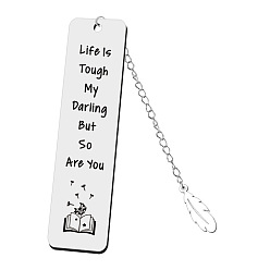 Flower Rectangle with Quote Life Is Tough My Darling But So Are You Bookmark, Stainless Steel Bookmark, Feather Pendant Bookmark with Long Chain, Dandelion Pattern, 120x30mm