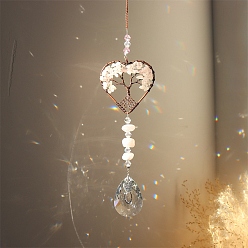 Rose Quartz Natural Rose Quartz Chip Wrapped Heart with Tree of Life Hanging Ornaments, Glass Teardrop Tassel Suncatchers for Home Outdoor Decoration, 180mm