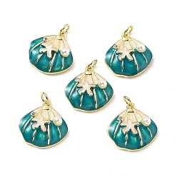 чирок Латунные подвески с микропаве из кубических цирконий с эмалью и искусственным жемчугом из АБС-пластика, формы раковины, стойки покрытие, долговечный, без свинца и без кадмия, с целью перехода в кольце, реальный 18 k позолоченный, зелено-синие, 17.5x17x5.5 мм, отверстие : 3 мм