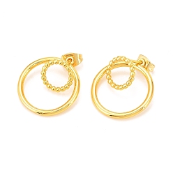 Real 18K Gold Plated Brass Dangle Stud Earrings, Long-Lasting Plated, Double Round Ring, Real 18K Gold Plated, 21x19mm, Pin: 0.6mm