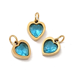 Dark Turquoise Vacuum Plating 304 Stainless Steel Pendants, with Cubic Zirconia and Jump Rings, Single Stone Charms, Heart, Golden, Dark Turquoise, 9x8x3mm, Hole: 3.6mm
