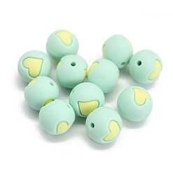 Aquamarine Round with Heart Pattern Food Grade Silicone Beads, Chewing Beads For Teethers, DIY Nursing Necklaces Making, Aquamarine, 15mm