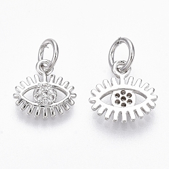 Real Platinum Plated Brass Micro Pave Cubic Zirconia Charms, with Jump Ring, Nickel Free, Eye, Clear, Real Platinum Plated, 9.5x9.5x2mm, Hole: 3mm