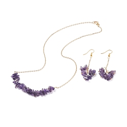 Amethyst Natural Amethyst Chips Beaded Jewelry Set, Gemstone Pendant Necklace & Cluster Dangle Earrings with 304 Stainless Steel Cable Chains for Women, Golden, 60mm, Pin: 0.6mm, 19 inch(48.5cm)