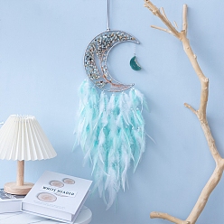Cyan Moon with Tree of Life Natural Amazonite Chips Woven Web/Net with Feather Decorations, Home Decoration Ornament Festival Gift, Cyan, 160mm