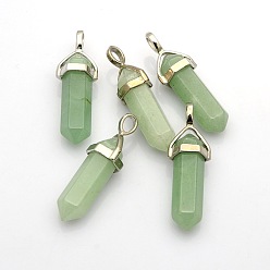 Green Aventurine Natural Bullet Gemstone Double Terminated Pointed Pendants, with Platinum Plated Alloy Findings, 39~41x12~13x10~11mm, Hole: 5x4mm