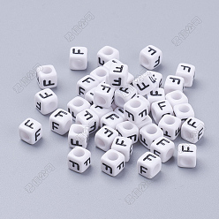 Letter F Акриловые бусины с горизонтальными отверстиями, с эмалью, кубические, Буква F, 6x6x6 мм, отверстие : 3.2 мм