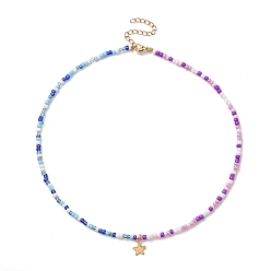Colorful 304 Stainless Steel Star Pendant Necklace with Glass Seed Beaded Chains for Women, Colorful, 17.91 inch(45.5cm)