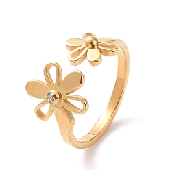 Golden Ion Plating(IP) 304 Stainless Steel Flower Open Cuff Ring for Women, Golden, US Size 6~9 1/4(16.5~19.1mm)