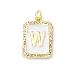 Letter W Brass Enamel Micro Pave Clear Cubic Zirconia Pendants, with Jump Ring, Real 18K Gold Plated, Rectangle Charm, Letter W, 20x13.5x2mm, Hole: 3.4mm