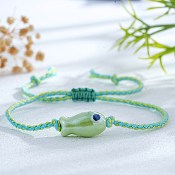 Весенне-зеленый Регулируемые браслеты ручной работы из фарфоровых бусин, Браслеты из конопляной нити, сплетенные для женщин, рыба, весенний зеленый, 11.02 дюйм (28 см)